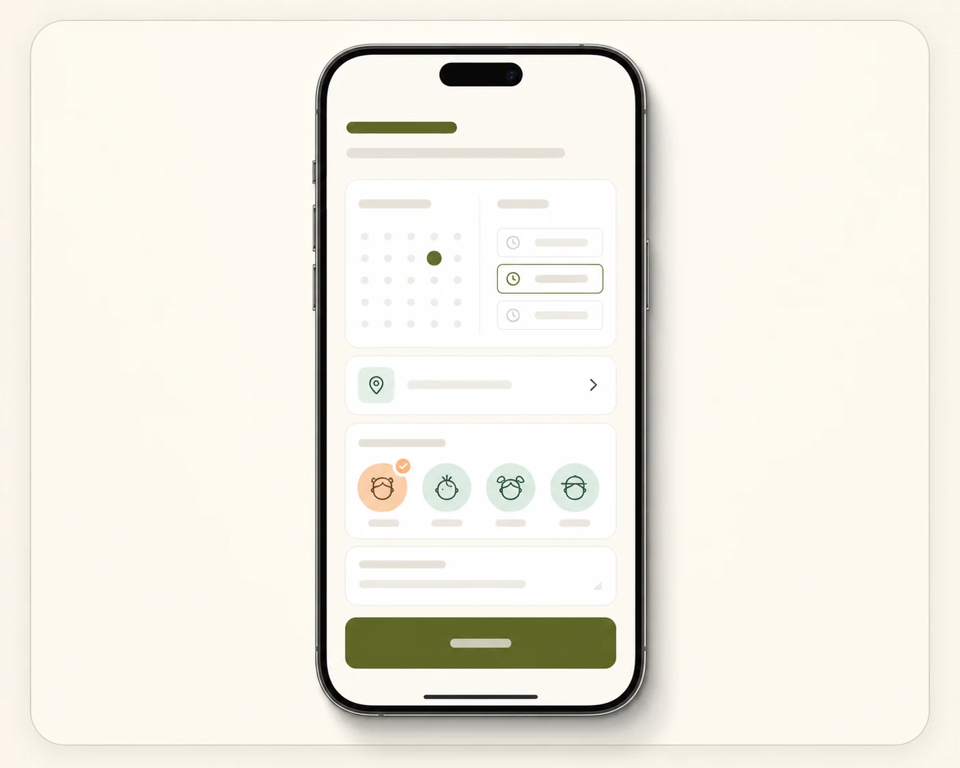 Booking form screen with date, address, and child detail fields
