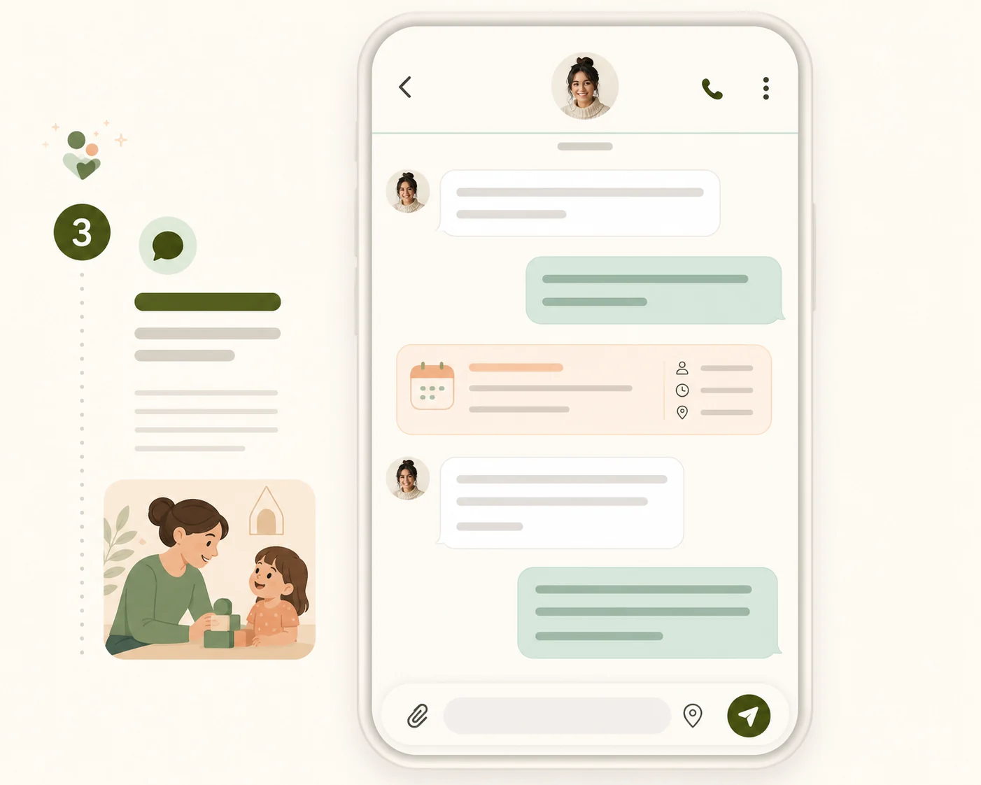 In-app chat screen between a parent and sitter