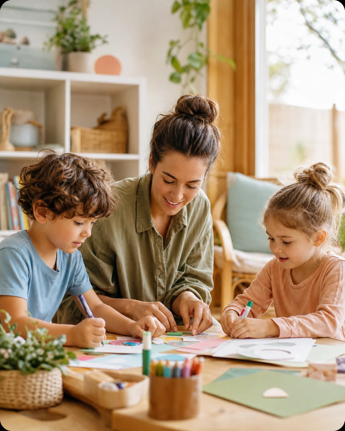 Sitter helping children with a craft activity