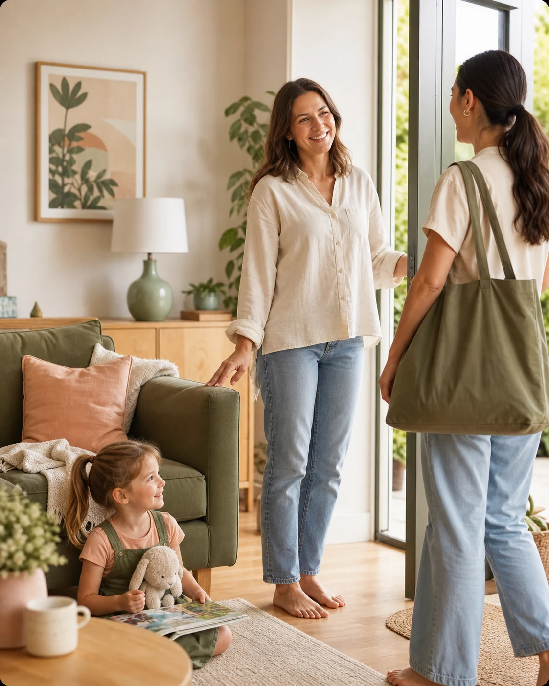 Parent welcoming a sitter while a child reads nearby