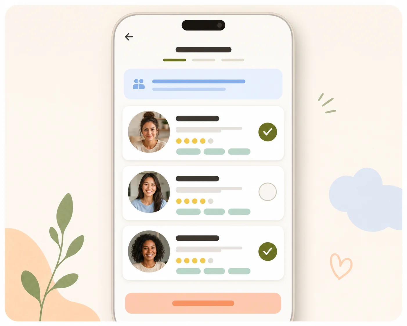 Sitter shortlist screen with profile cards and selection controls
